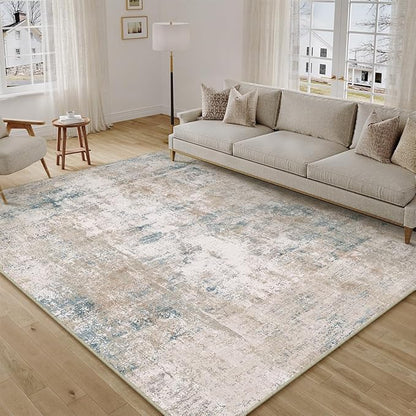 10x12 Area Rug Beige Blue Abstract Living Room Bedroom Washable Carpet Neutral Modern Non Slip Soft Low Pile Large Throw Rug for Dining Room Kitchen Office