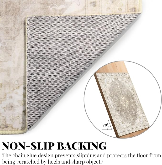 MUJOO Boho Rug 4'x6.5',Beige Area Rugs for Bedroom Living Room Dining Room,Machine Washable Non Slip Carpet Vintage Bohemian Distressed Farmhouse,Floral