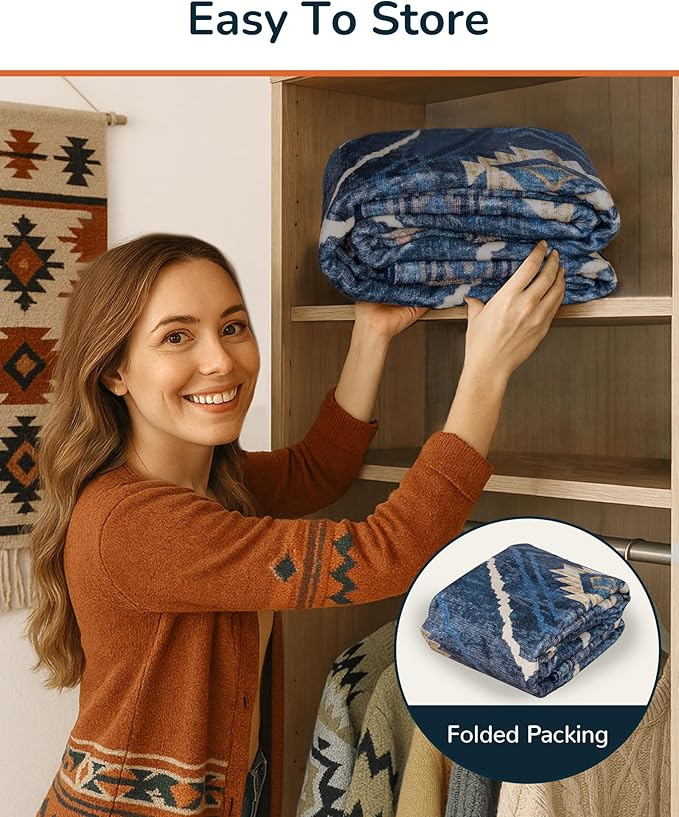 Area Rug 9x12 Rug Machine Washable Non-Slip Low Pile Print Pattern Western Rug for Living Room Bedroom Entryway Tribal Series -Darkblue