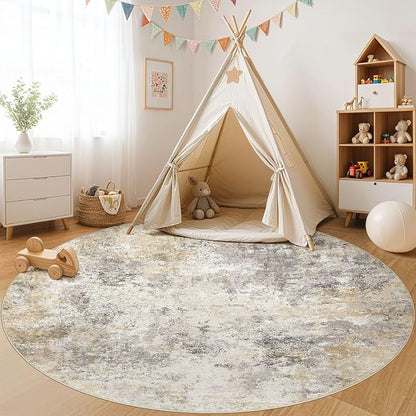 8ft Round Area Rug Living Room Rugs - 8x8 Washable Neutral Modern Abstract Soft Thin Rug Indoor Floor No Slip Rug Carpet for Bedroom Under Dining Table Home Office Decor - Golden Grey