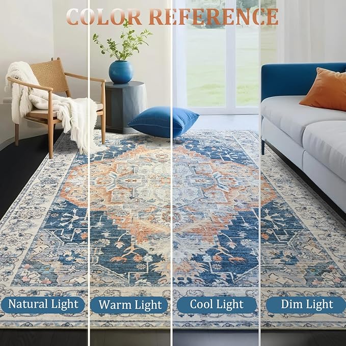Large Area Rugs 9x12, Low Pile Washable Rugs - Soft Vintage Distressed Rugs for Living Room Bedroom, Office, Dining Room, Water Repellent & Non Shedding, Blue and Orange