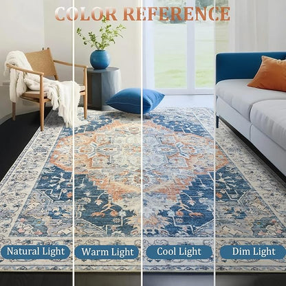 Area Rugs 4x6, Low Pile Washable Rugs, Soft Vintage Distressed Rugs for Bedroom, Living Room, Dining Room, Water Repellent, Non Shedding, Blue and Orange