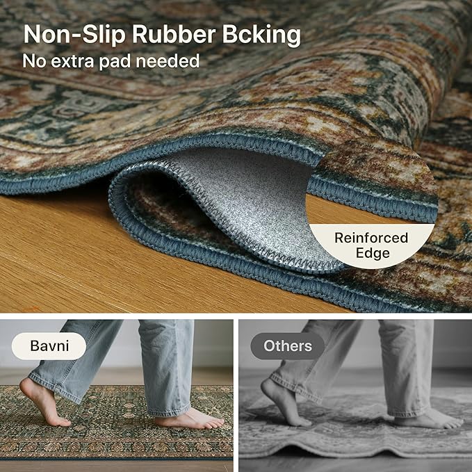 Bavni 2'6''x7 Rug Runners for Hallways, Washable Runner Rug Non Slip, Vintage Floral Print Style Rugs for Bedroom-Lightweight Low Pile Carpet for Hallways Bathroom, Dark Green/Multi