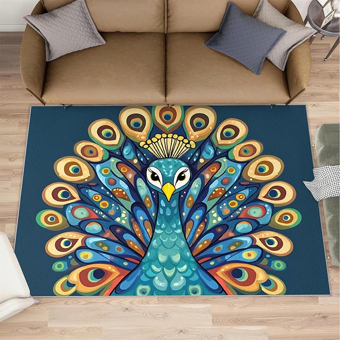 Boho Peacock Rugs for Living Room - 6x9 Rug, Peacock Decor Area Rugs for Bedroom, Teal Turquoise Rug, Modern Style Washable Carpet, Aesthetics Carpet - Peafowl Home Decor & Gifts