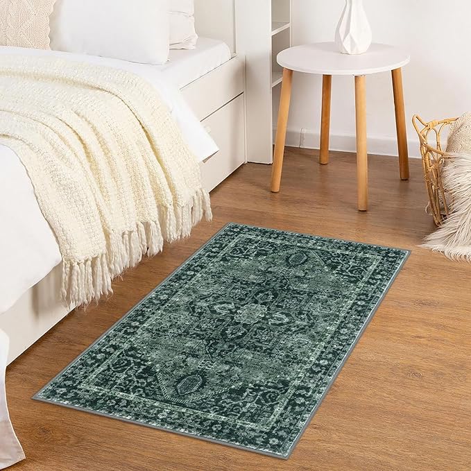 KOZYFLY Small Area Rug 2x3 Ft Rugs for Entryway Washable Boho Entry Rug Non Slip Door Mat Indoor Entrance Faux Wool Vintage Printed Kitchen Rug Throw Rugs for Entrance Kitchen, Dark Green