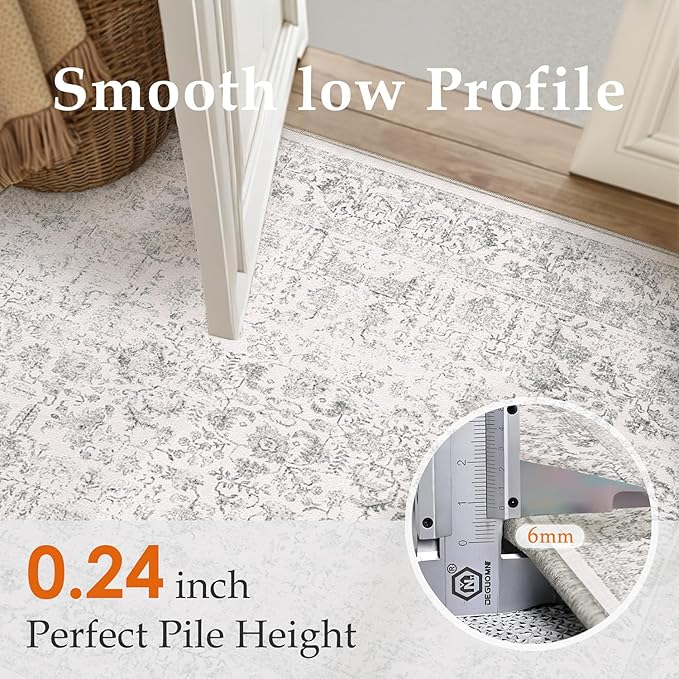 Gray Runner Rug 2x14 Hallway Machine Washable Kitchen Vintage Distressed Non Slip Long Carpet Indoor Grey Retro Floral Bedroom Accent Throw Rug for Bathroom Office Laundry Dining Living Room