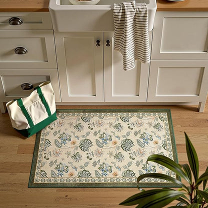 jinchan Elora 2x3 Floral Rug for Entryway Washable Kitchen Rug Vintage Romance Design Small Mat Non Slip Indoor Doormat Lightweight Low-Profile Throw Carpet for Entrance Laundry Room, Green/Beige