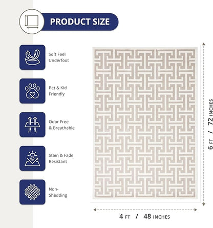 Abani Contemporary 3D Beige & White Modern Greek Key Pattern Area Rug - Geometric Meander 4' x 6' Arto Collection Neutral Rug Rugs