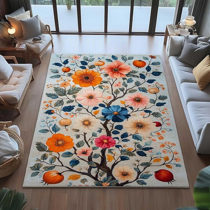 7x11 Colorful Flower Area Rugs, Floral Vintage Large Rugs, Floral Rugs, Botanical Rug, Washable Boho Botanical Non Slip Carpet for Living Room, Bedroom, Kids Room