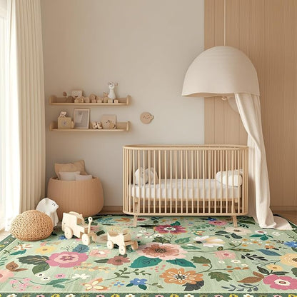Floral 4x6 Area Rug Machine Washable Soft Print Boho Carpet Non Slip Doormat Low Pile Flower Area Rugs for Living Room Bedroom Nursery Kitchen Dining Room Indoor-Light Green