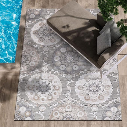 CAMILSON Indoor Outdoor Rug 6x9 Bohemian Medallion Floral Area Rugs for Indoor and Outdoor Patios Easy-Cleaning Non-Shedding Living Room Garden and Kitchen Washable Outside Carpet (6 x 9 / Beige)