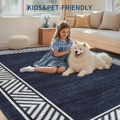 GarveeHome Modern Rugs for Living Room 8x10 Large Bordered Floor Mats with Non-Slip Backing, Stain-Resistant Bedroom Carpet, Foldable Geometric Indoor Rug for Dining Room, Kitchen, Navy Blue