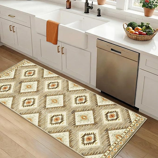 Area Rug 2x5 Rug Machine Washable Non-Slip Low Pile Print Pattern Western Rug for Living Room Bedroom Entryway Tribal Series-Cream/Camel