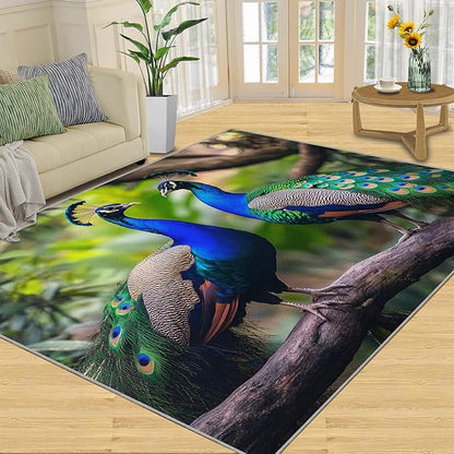 Peacock Rugs for Bedroom - 5x6 Rug, Peacock Couples Area Rugs for Living Room, Nature Carpet, Peafowl Washable Area Mat, Malachite Green Feather Carpet - Peafowl Home Decor & Gifts