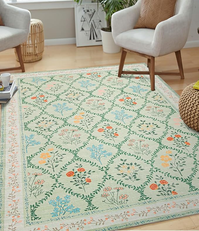 YIHOUSE 8x10 Washable Rug for Living Room, Green Floral Rugs for Bedroom Boho Area Rug Non Slip Ultra-Thin Large Rug for Kids Playroom, Classroom, Girls Dorm, Nursery, Green Multi