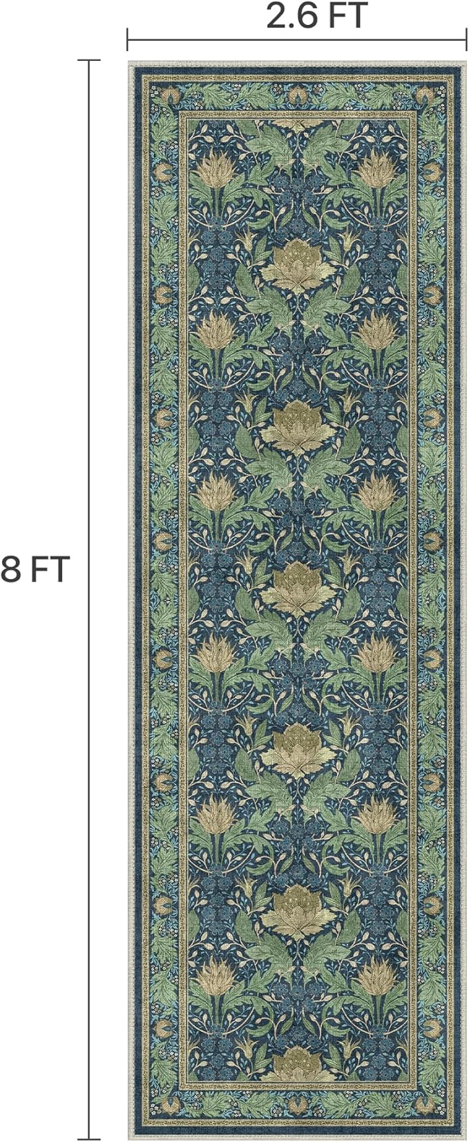 Bavni 2'6''x8 Runner Rug,Microfiber Washable Non-Slip Vintage Floral Rugs,Low Pile Lightweight Carpet for Bedroom,Hallway,Entryway,Kitchen,Bathroom, Tea Green/Blue