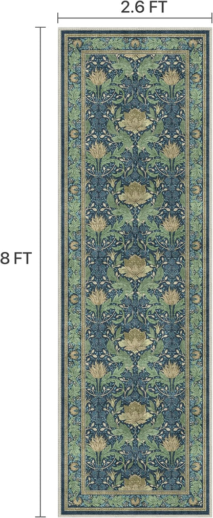 Bavni 2'6''x8 Runner Rug,Microfiber Washable Non-Slip Vintage Floral Rugs,Low Pile Lightweight Carpet for Bedroom,Hallway,Entryway,Kitchen,Bathroom, Tea Green/Blue
