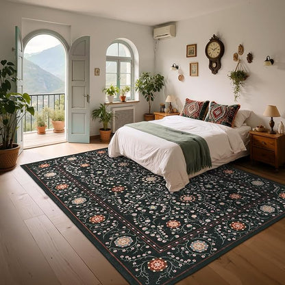 GarveeHome Boho 8x10 Area Rugs for Living Room, Floral Vintage Rugs for Bedroom with Soft Low Pile, Non Slip Stain Resistant Washable Rug 8x10 for Dining Room Black Large Carpet for Office Playroom