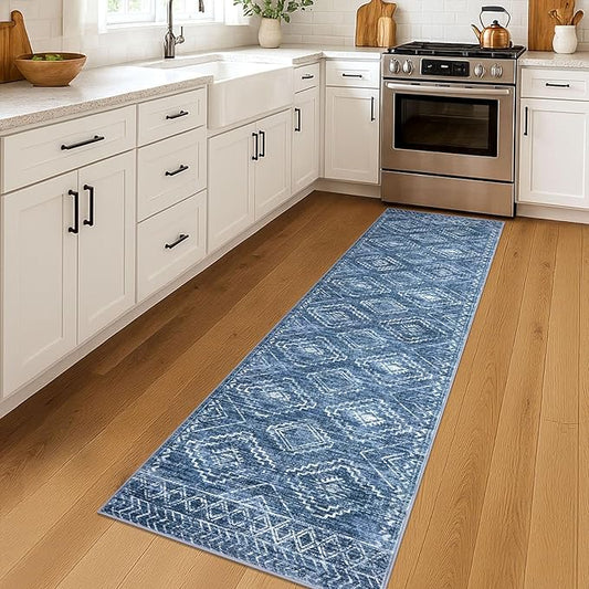 KILOCOCO Hallway Runner Rug 2x7 Runners for Hallways Washable Runner Rug Non Slip Rubber Backed Low-Pile Runners for Bedroom Kitchen Living Room Laundry Room Boho Rugs, Stonewashed Blue