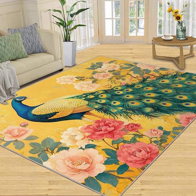 Classic Peacock Rug Large - 5x7 Rug, Peacock Peony Flower Washable Rugs for Living Room, Yellow Teal Turquoise Carpet, Non-Slip Area Rugs for Bedroom, Aesthetics Carpet - Peafowl Home Decor & Gifts