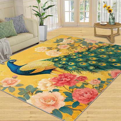 Classic Peacock Rug Large - 5x7 Rug, Peacock Peony Flower Washable Rugs for Living Room, Yellow Teal Turquoise Carpet, Non-Slip Area Rugs for Bedroom, Aesthetics Carpet - Peafowl Home Decor & Gifts