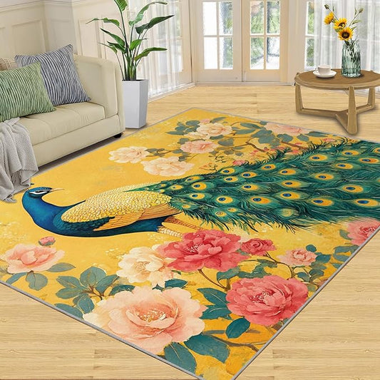 Classic Peacock Rug Large - 5x7 Rug, Peacock Peony Flower Washable Rugs for Living Room, Yellow Teal Turquoise Carpet, Non-Slip Area Rugs for Bedroom, Aesthetics Carpet - Peafowl Home Decor & Gifts