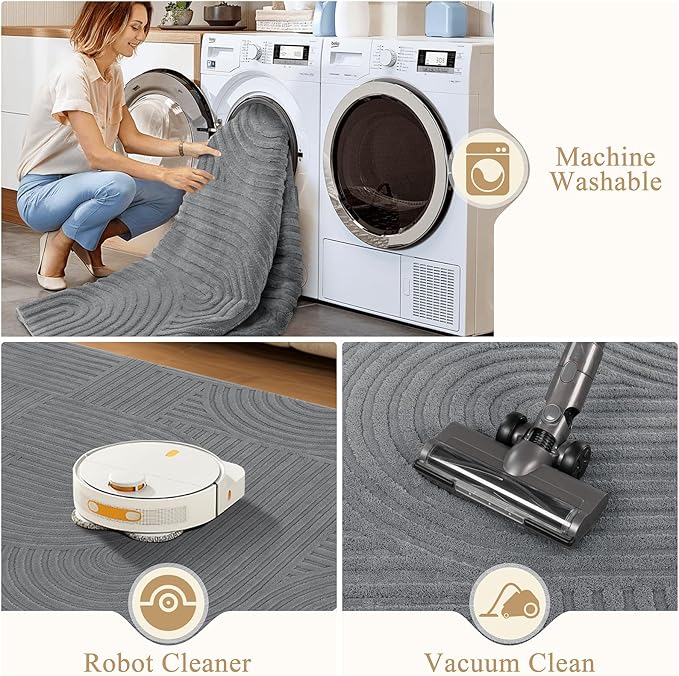 Pauwer 8x10 Washable Area Rugs for Living Room Modern Grey Solid Color Soft Fluffy Rugs for Bedroom Non Slip Boho Accent Indoor Mat Floor Carpet Cover for Kids Room Dining Room Kitchen Office
