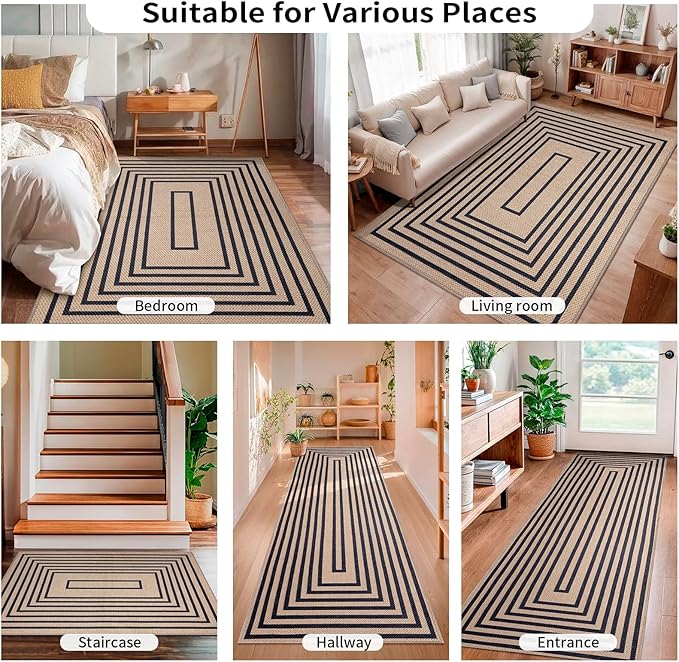 Tangsoo Easy Jute Rug 6x9 Washable Area Rugs for Living Room,Black Geometric Non Slip Indoor Outdoor Carpet,Farmhouse Modern Office Mat for Backyard Dining Room Patio Bedroom Balcony Sunroom Decor