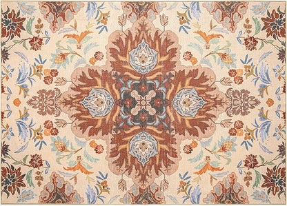 Phantoscope Washable Area Rug 5'x7' Non-Slip, Vintage Boho Rugs for Living Room, Bedroom, Dining Room, Fall Orange Floral Medallion Pattern, Low-Pile Foldable Floor Carpet, Rust/Multi Floral