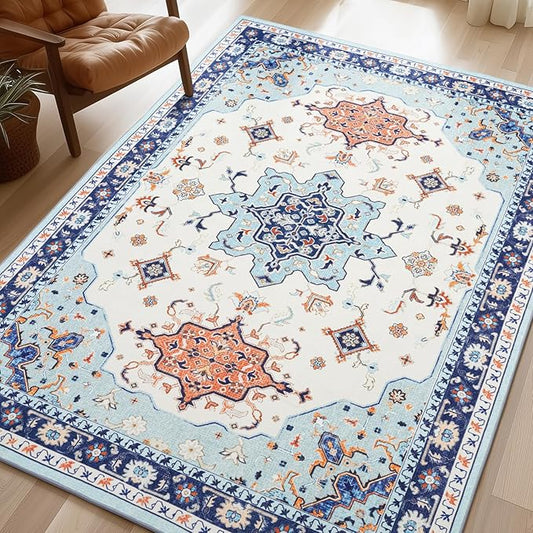 Phantoscope Washable Area Rug 6'x9' Non-Slip, Vintage Boho Rugs for Living Room, Bedroom, Dining Room, Medallion Persian Symmetrical Pattern, Low-Pile Foldable Floor Carpet, Ivory Blue/Orange