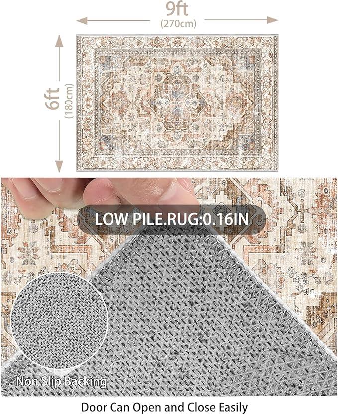 Enkor Area Soft Rugs 6x9 Washable Non Slip Boho Floor Rugs for Living Room Bedroom, Vintage Style Farmhouse Mat for Kitchen Entryway Beige & Brown