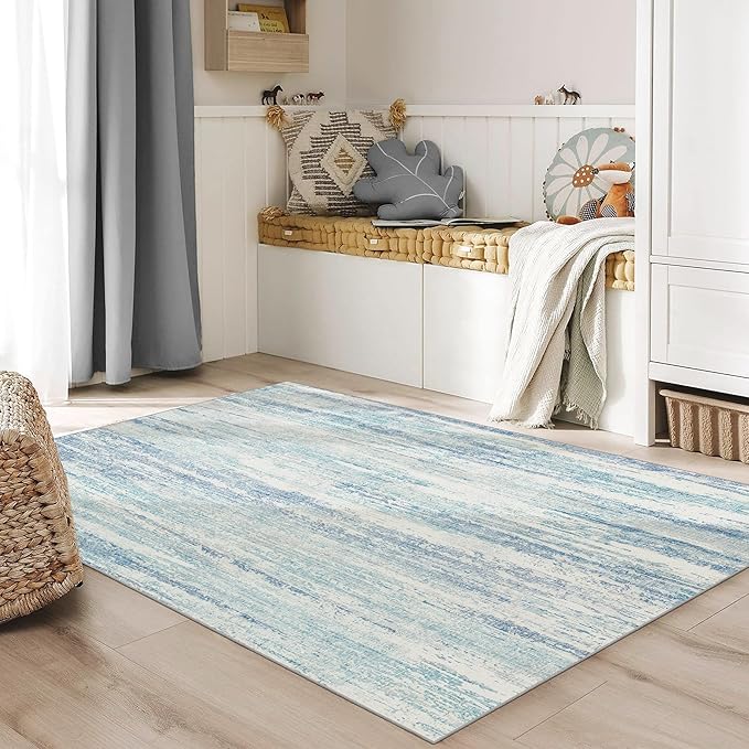MUJOO Washable Rug 4x6.5,Small Area Rugs for Bedroom Living Room Office Playroom,Modern Abstract Non Slip Carpet,Indoor Throw Carpet,Low Pile Accent Neutral Blue
