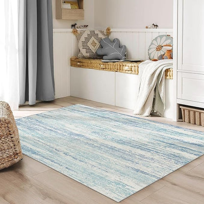 MUJOO Washable Rug 4x6.5,Small Area Rugs for Bedroom Living Room Office Playroom,Modern Abstract Non Slip Carpet,Indoor Throw Carpet,Low Pile Accent Neutral Blue