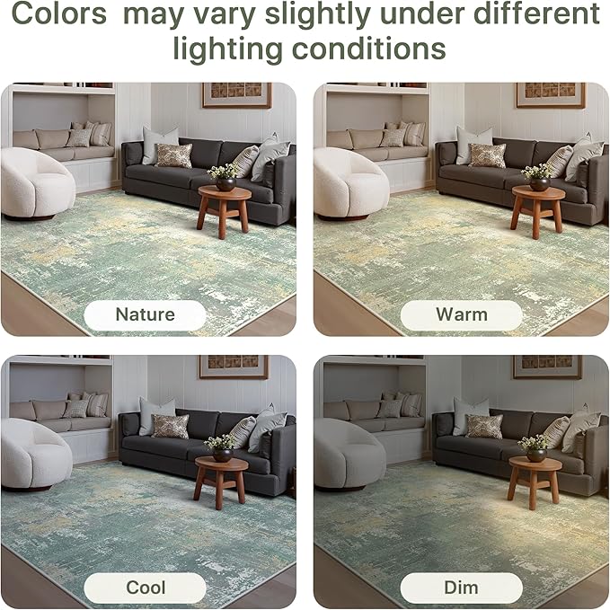 5x7 Area Rugs Washable Green Rug for Living Room Bedroom, Abstract Modern Large Rug Non Slip, Water Repellent Low Pile Soft Carpet for Dining Room, Grey Green