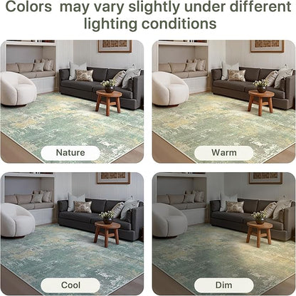 8x10 Area Rugs Washable Green Rug for Living Room Bedroom, Abstract Modern Large Rug Non Slip, Water Repellent Low Pile Soft Carpet for Dining Room, Grey Green
