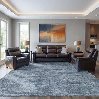 Area Rug Living Room Rugs - 10x12 Washable Large Soft Indoor Neutral Modern Abstract Low Pile Rug Carpet for Bedroom Dining Room Farmhouse Home Office - Dark Blue