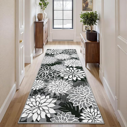 2x6 Washable Runner Rug for Hallway Tropical Botanical Modern Floral Chenille Kitchen Rugs Low Pile Non Slip Carpet for Patio, Bedroom, Laundry, Black
