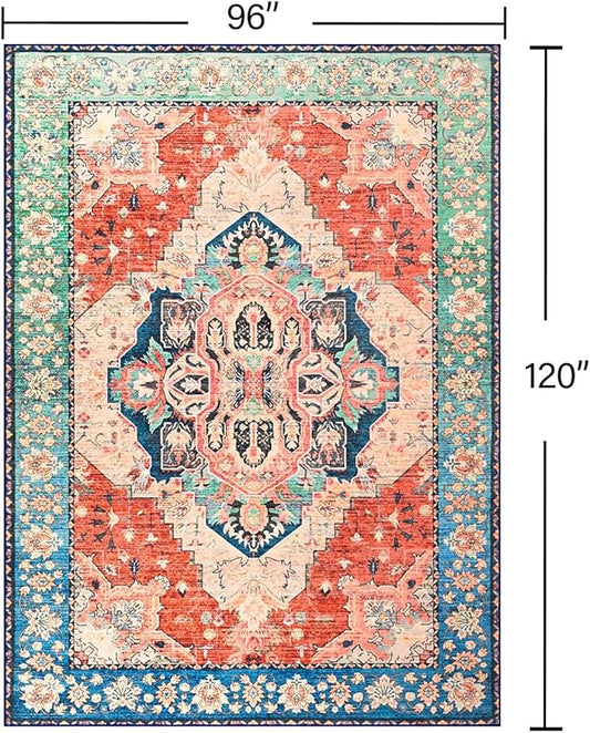 YJ.GWL Area Rugs for Living Room 8x10 Machine Washable Rugs, Non Slip Floral Vintage Rug Indoor Carpet, Stain Resistant Large Rug for Bedroom Dining Room, Red Blue Gradient Color