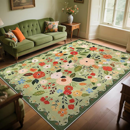 U'Artlines 6x9ft Vintage Floral Area Rug Machine Washable Ultra Soft Low Pile Non Slip Non Shedding Accent Floor Carpet for Living Room, Bedroom, Dining Room, Office (Green)