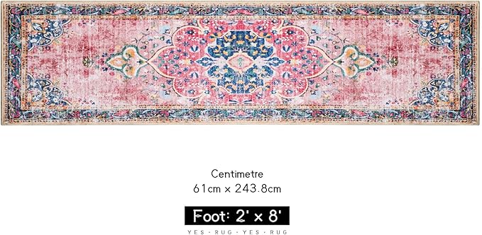 2x8 Runner Rug Pink Boho Area Rug for Hallway Entryway Kitchen Laundry Room Bathroom Bedroom Non Slip Blush Vintage Rug Indoor Lightweight Carpet