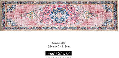 2x8 Runner Rug Pink Boho Area Rug for Hallway Entryway Kitchen Laundry Room Bathroom Bedroom Non Slip Blush Vintage Rug Indoor Lightweight Carpet