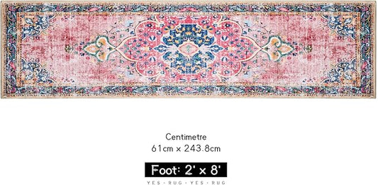 2x8 Runner Rug Pink Boho Area Rug for Hallway Entryway Kitchen Laundry Room Bathroom Bedroom Non Slip Blush Vintage Rug Indoor Lightweight Carpet