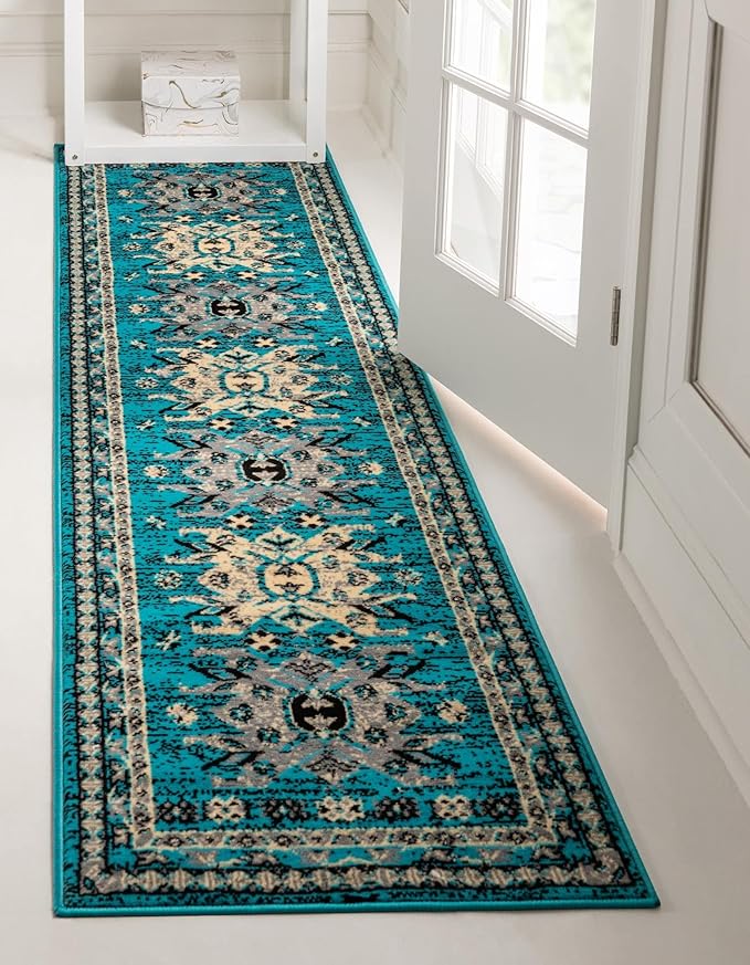 Unique Loom Taftan Collection Border Geometric Tribal Inspired Design Area Rug (2' 2 x 8' 2 Runner, Turquoise/ Gray)