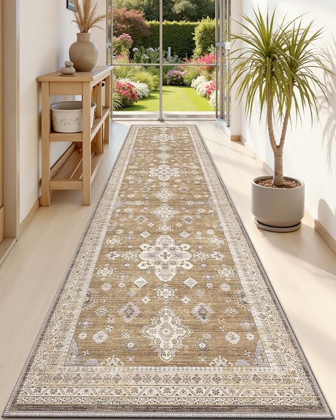 DEXI Hallway Runner Rug 3x10, Distressed Non Slip Runners Carpet, Boho Vintage Soft Thin Indoor Rug, Stain Resistant Washable Entry Mat for Entryway Kitchen Laundry Room Living Room, Light Brown