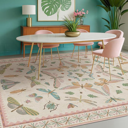 Floral Pink Rugs for Bedroom Girls 6x9 - Insect Print Cute Girly Rug for Living Room, Dining Room Under Kitchen Table, Washable Low Pile Vintage Bug Art Nouveau Home Decor