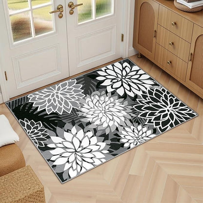 2x3 Washable Small Rug Tropical Botanical Modern Floral Indoor Chenille Door Mat Carpet Non Slip for Patio, Entry Way, Entrance, Porch, Black