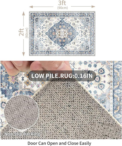 Enkor Area Soft Rugs 2x3 Washable Non Slip Boho Small Floor Entryway Rugs for Living Room Bedroom, Vintage Style Farmhouse Mat for Kitchen Blue & White