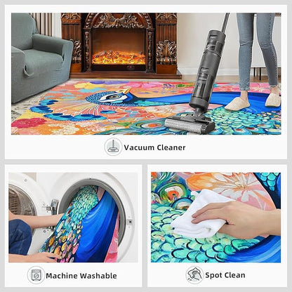 Peacock Area Rug 6x8-6x8 Rug, Boho Floral Rugs for Living Room, Colorful Carpet, Oil Painting Art Washable Area Rugs for Bedroom, Aesthetics Carpet - Peafowl Home Decor & Gifts