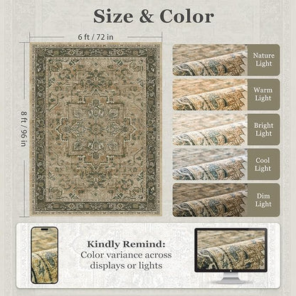 Medallione 6x8 Area Rugs for Living Room, Low Pile Thin Washable Non Slip Rugs for Bedroom Dining Room, Vintage Distressed Carpet for Home Office Guest Room, Multi Brown/Olive Accents