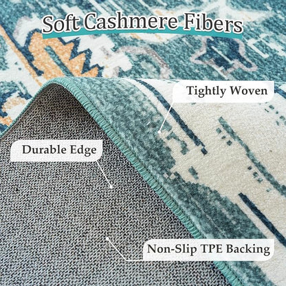 VK VK·LIVING Machine Washable Rug 2'x6' Vintage Design Washable Runner Area Rugs with Non Slip Rugs for Living Room Bedroom Traditional Woven Carpet Stain Resistant Dining Boho Rug, Green&Beige